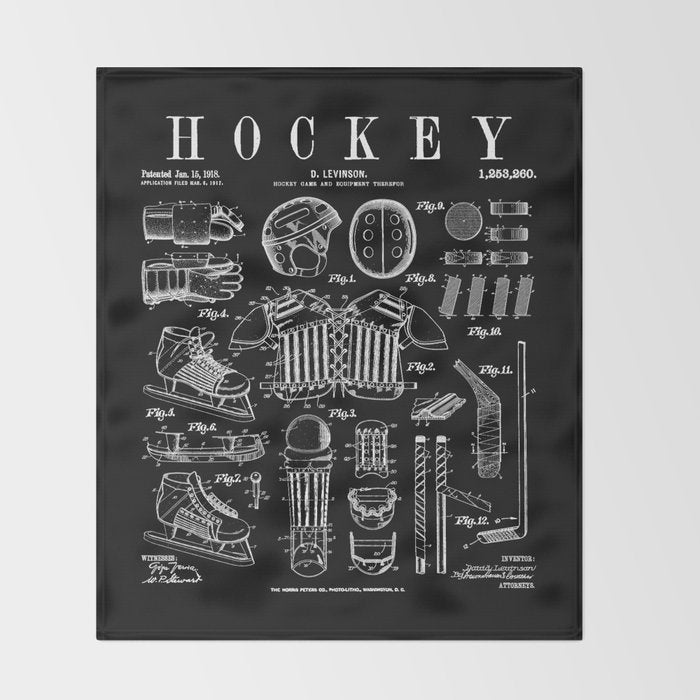 Ice Hockey Player Winter Sport Vintage Patent Print Throw Blanket Gallery Image 2