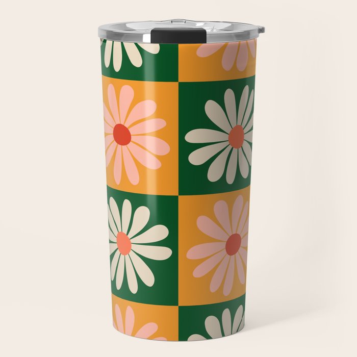Retro Colorful Daisy Flower Checkerboard - Peach + Green Travel Mug Gallery Image 1