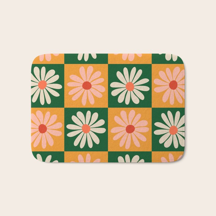 Retro Colorful Daisy Flower Checkerboard - Peach + Green Bath Mat Gallery Image 1
