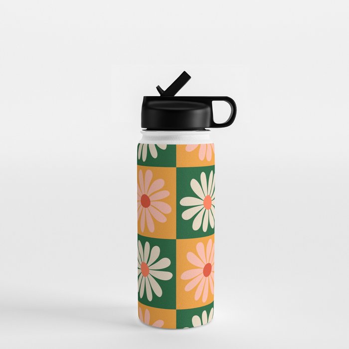 Retro Colorful Daisy Flower Checkerboard - Peach + Green Water Bottle Gallery Image 1