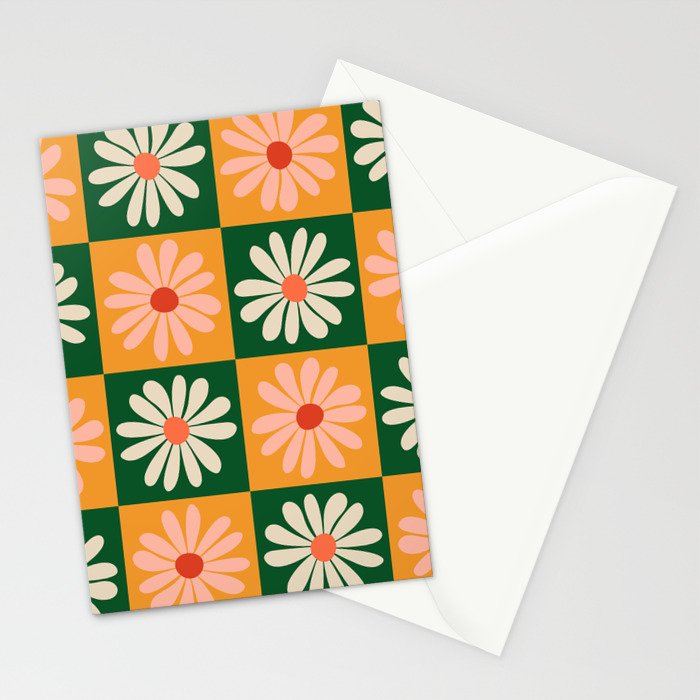 Retro Colorful Daisy Flower Checkerboard - Peach + Green Stationery Card Gallery Image 2