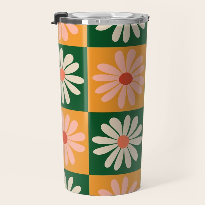 Retro Colorful Daisy Flower Checkerboard - Peach + Green Travel Mug Gallery Image 3