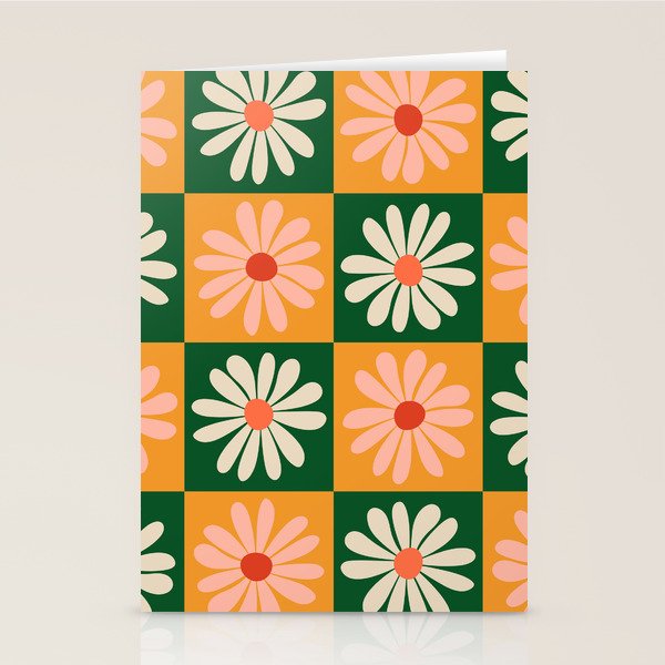 Retro Colorful Daisy Flower Checkerboard - Peach + Green Stationery Card Gallery Image 2