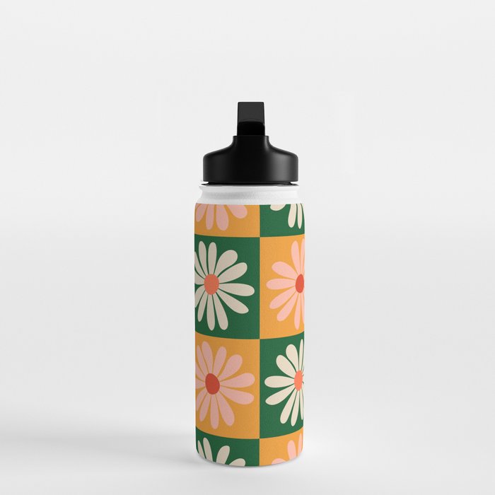 Retro Colorful Daisy Flower Checkerboard - Peach + Green Water Bottle Gallery Image 3