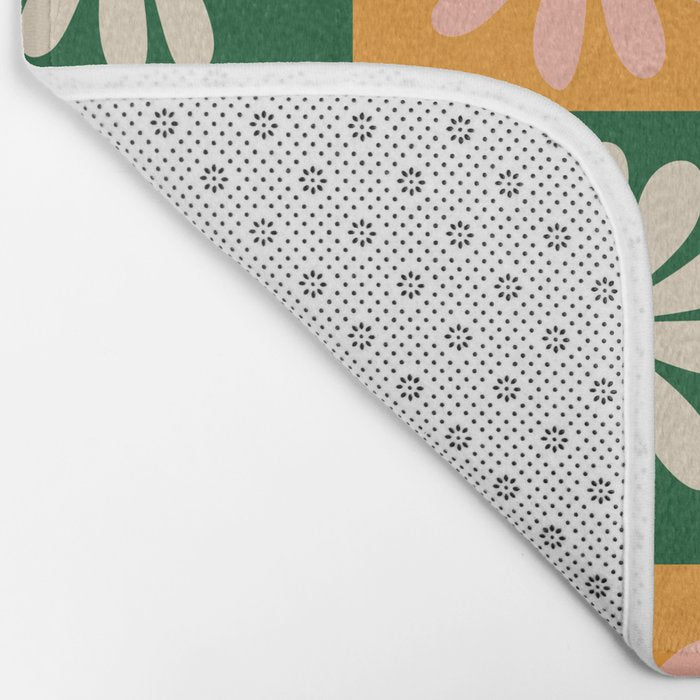 Retro Colorful Daisy Flower Checkerboard - Peach + Green Bath Mat Gallery Image 2