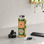 Retro Colorful Daisy Flower Checkerboard - Peach + Green Water Bottle Gallery Image 4