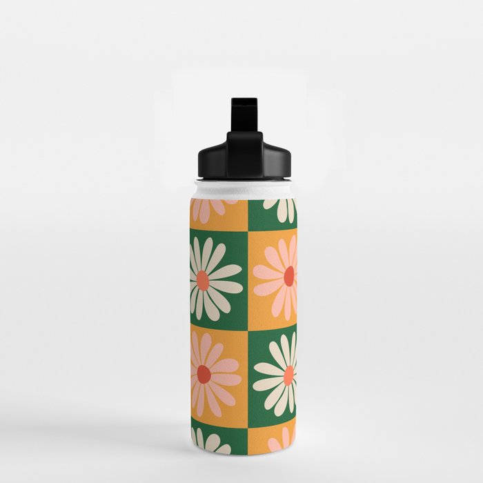 Retro Colorful Daisy Flower Checkerboard - Peach + Green Water Bottle Gallery Image 2
