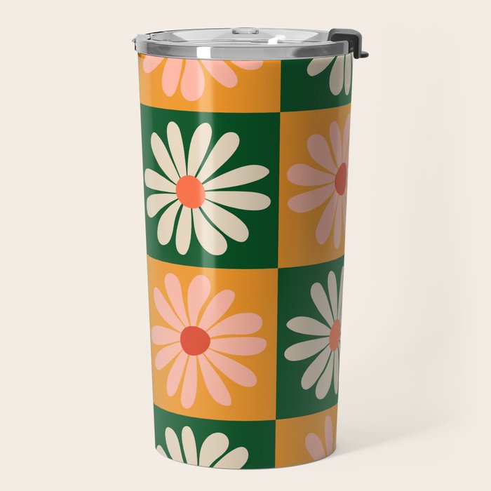 Retro Colorful Daisy Flower Checkerboard - Peach + Green Travel Mug Gallery Image 2