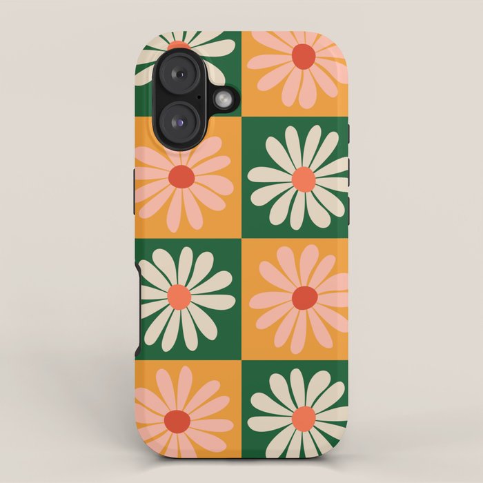 Retro Colorful Daisy Flower Checkerboard - Peach + Green iPhone Case Gallery Image 1