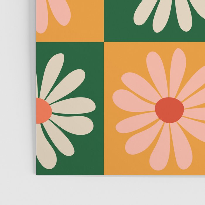 Retro Colorful Daisy Flower Checkerboard - Peach + Green Poster Gallery Image 3