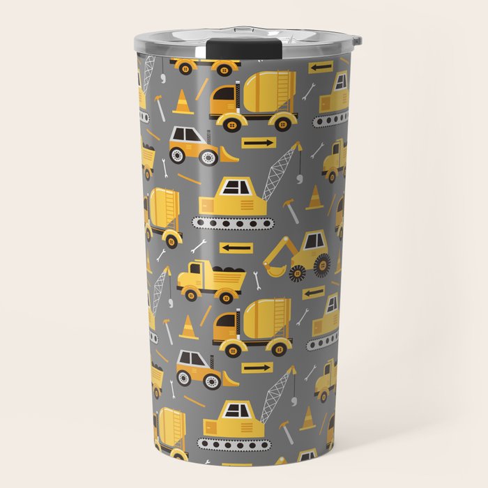 Construction Trucks on Gray Travel Mug Gallery Image 1