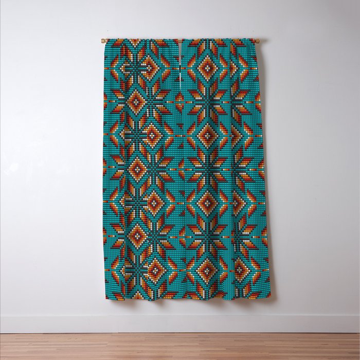 Modern colorful beaded boho aztec kilim pattern on teal Window Curtain Gallery Image 3