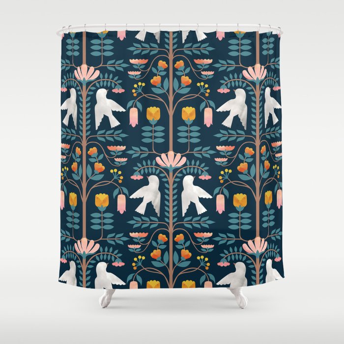 Folk Forest Scandinavian Birds Shower Curtain Gallery Image 1