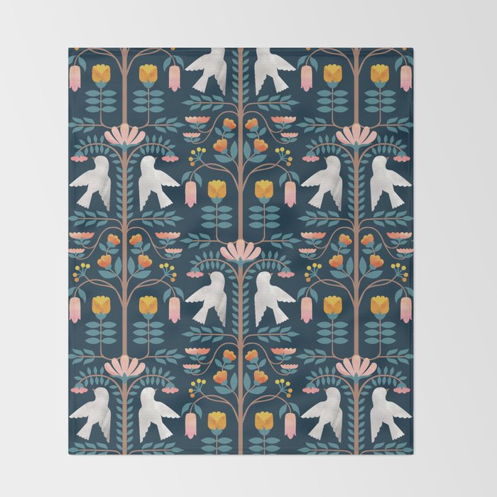 Folk Forest Scandinavian Birds Throw Blanket Gallery Image 2