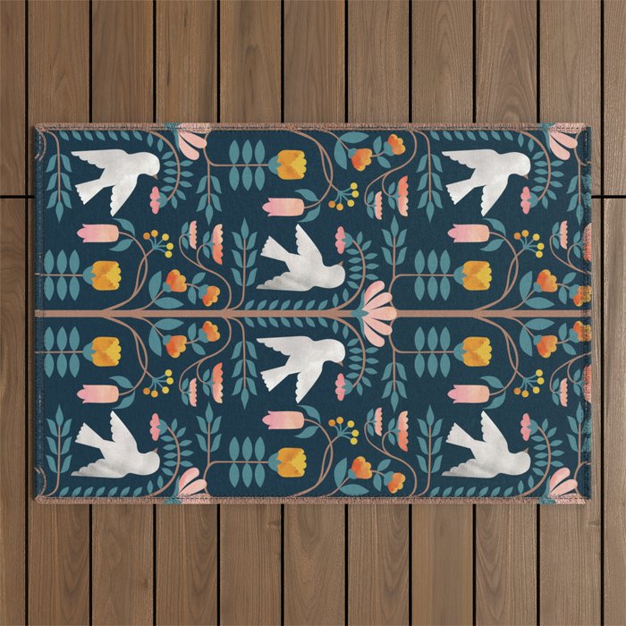 Folk Forest Scandinavian Birds Outdoor Rug Gallery Image 1