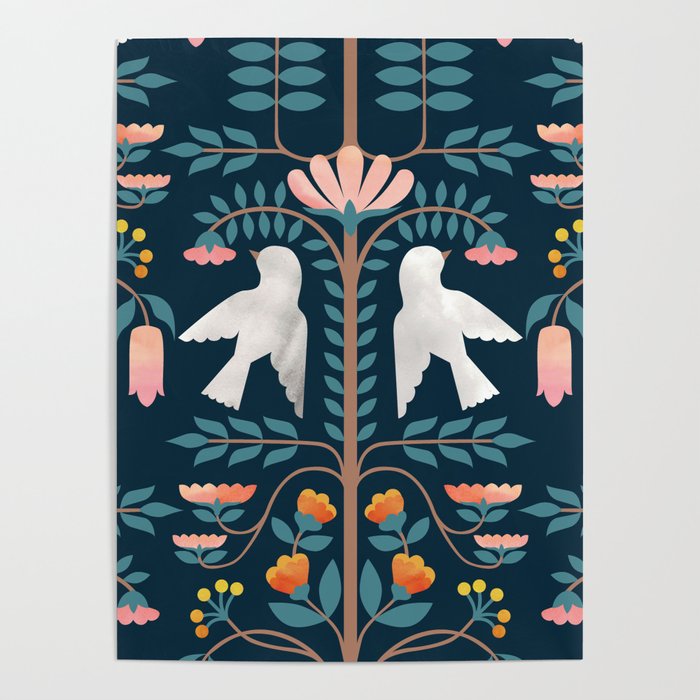 Folk Forest Scandinavian Birds Poster Gallery Image 1