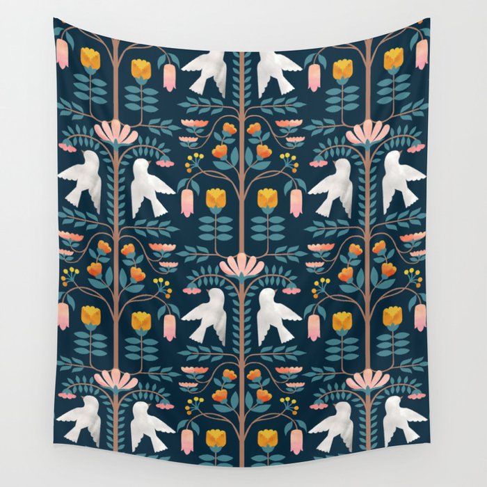 Folk Forest Scandinavian Birds Wall Tapestry Gallery Image 4
