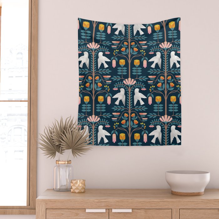 Folk Forest Scandinavian Birds Wall Tapestry Gallery Image 2