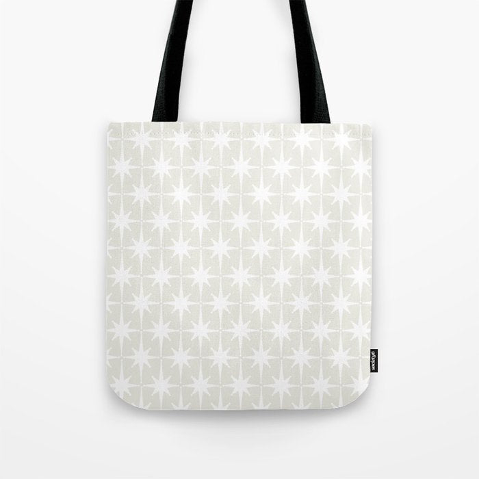 Midcentury Modern Atomic Starburst Pattern in Pale Beige Greige and White Tote Bag Gallery Image 1