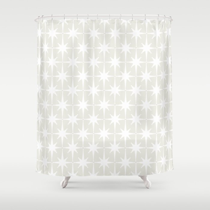 Midcentury Modern Atomic Starburst Pattern in Pale Beige Greige and White Shower Curtain Gallery Image 1