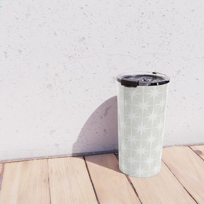 Midcentury Modern Atomic Starburst Pattern in Pale Beige Greige and White Travel Mug Gallery Image 4