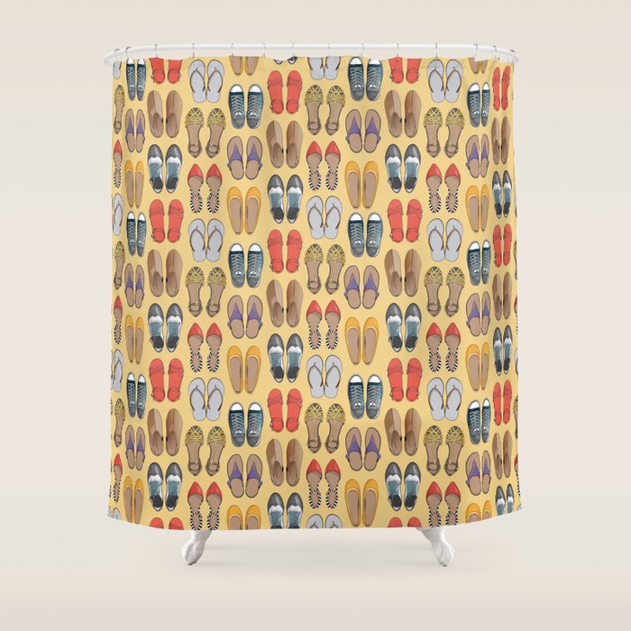 Hard choice // shoes on yellow background Shower Curtain Gallery Image 1