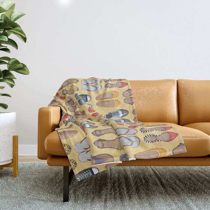 Hard choice // shoes on yellow background Throw Blanket Gallery Image 1