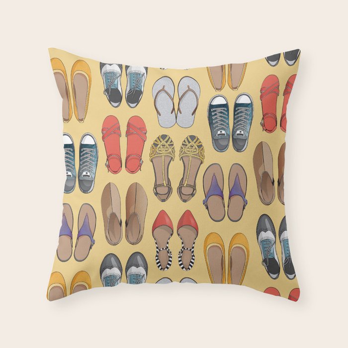 Hard choice // shoes on yellow background Throw Pillow Gallery Image 6