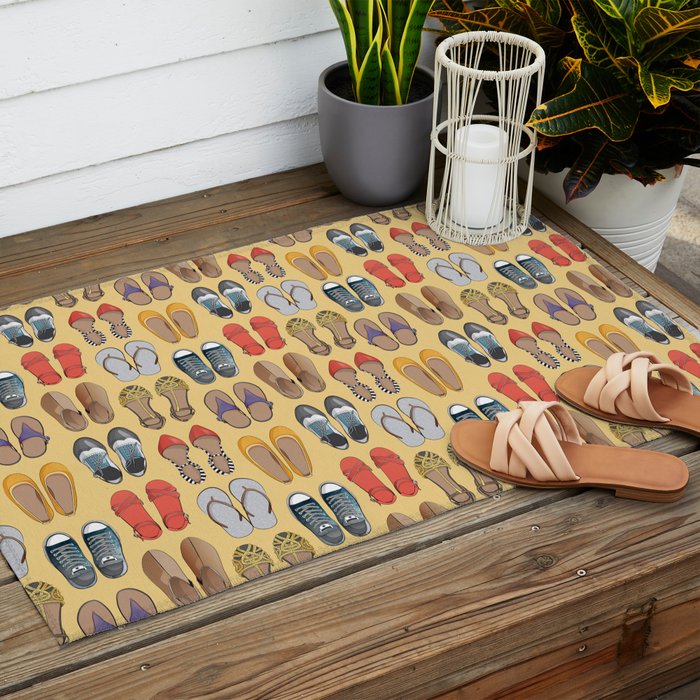 Hard choice // shoes on yellow background Outdoor Rug Gallery Image 2