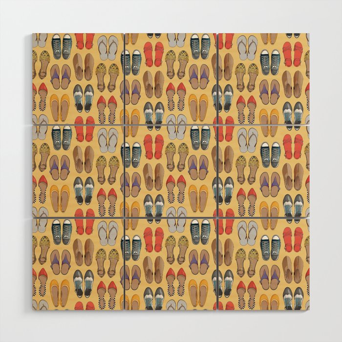 Hard choice // shoes on yellow background Wood Wall Art Gallery Image 1