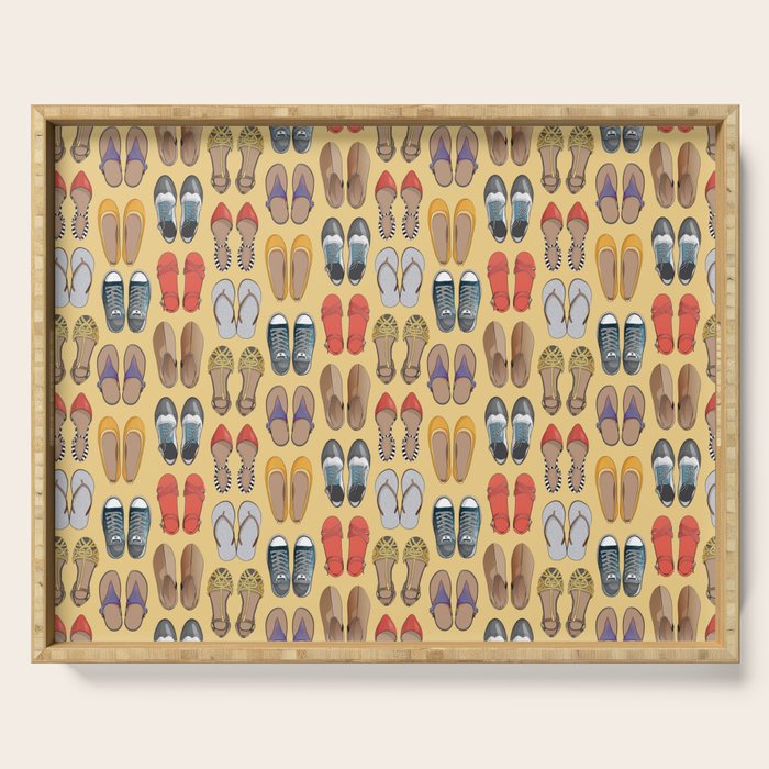 Hard choice // shoes on yellow background Serving Tray Gallery Image 1