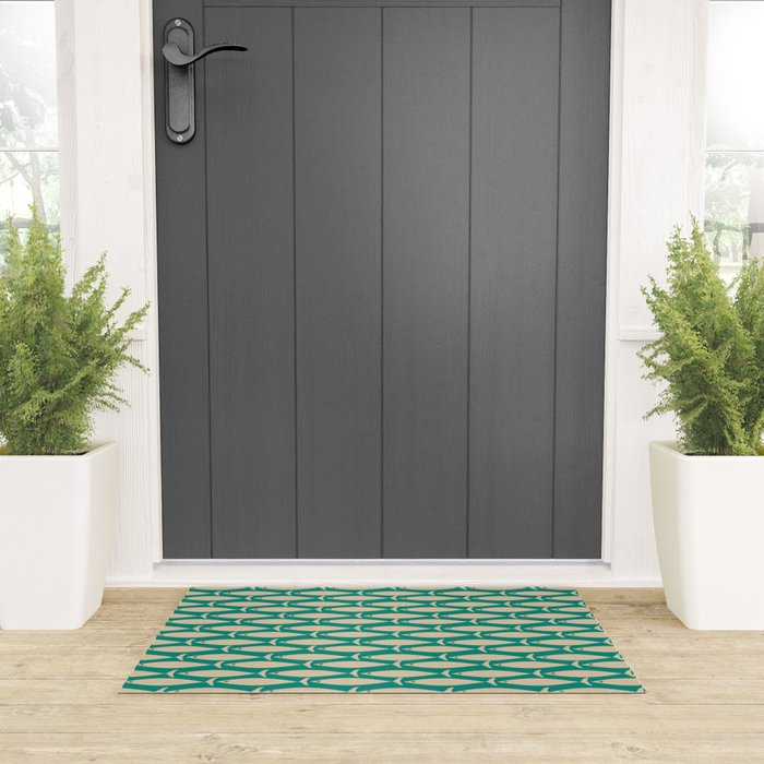 Coastal Fish Mid Century Modern Minimalist Pattern Teal Beige Olive Welcome Mat Gallery Image 3