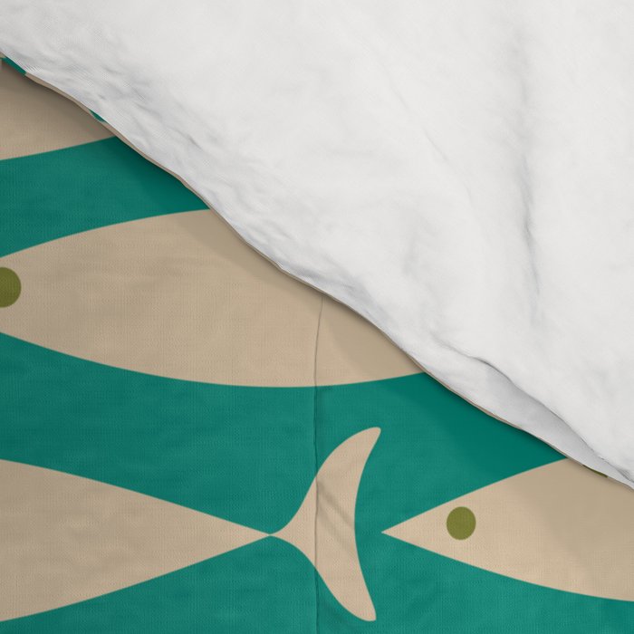 Coastal Fish Mid Century Modern Minimalist Pattern Teal Beige Olive Comforter Gallery Image 4