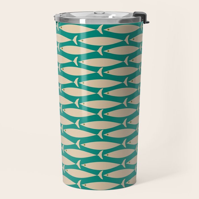 Coastal Fish Mid Century Modern Minimalist Pattern Teal Beige Olive Travel Mug Gallery Image 2