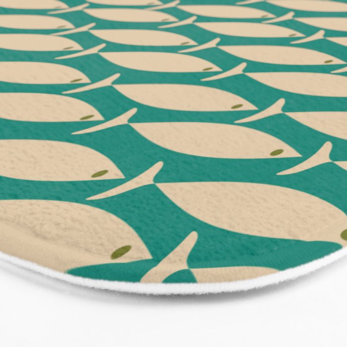 Coastal Fish Mid Century Modern Minimalist Pattern Teal Beige Olive Bath Mat Gallery Image 3