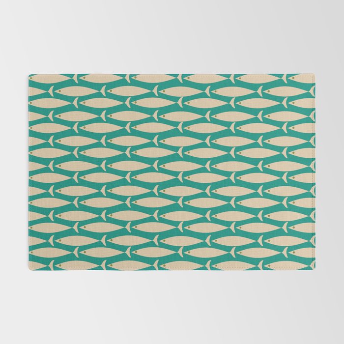 Coastal Fish Mid Century Modern Minimalist Pattern Teal Beige Olive Rug Gallery Image 2