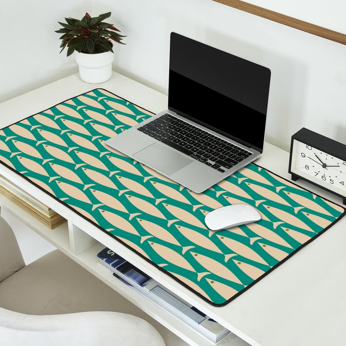 Coastal Fish Mid Century Modern Minimalist Pattern Teal Beige Olive Desk Mat Gallery Image 2