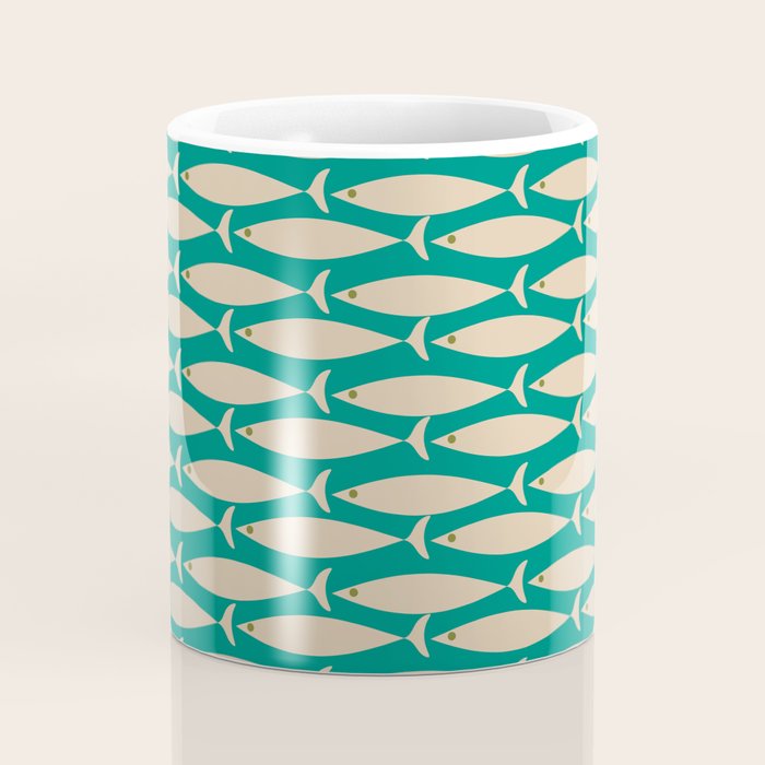 Coastal Fish Mid Century Modern Minimalist Pattern Teal Beige Olive Coffee Mug Gallery Image 4