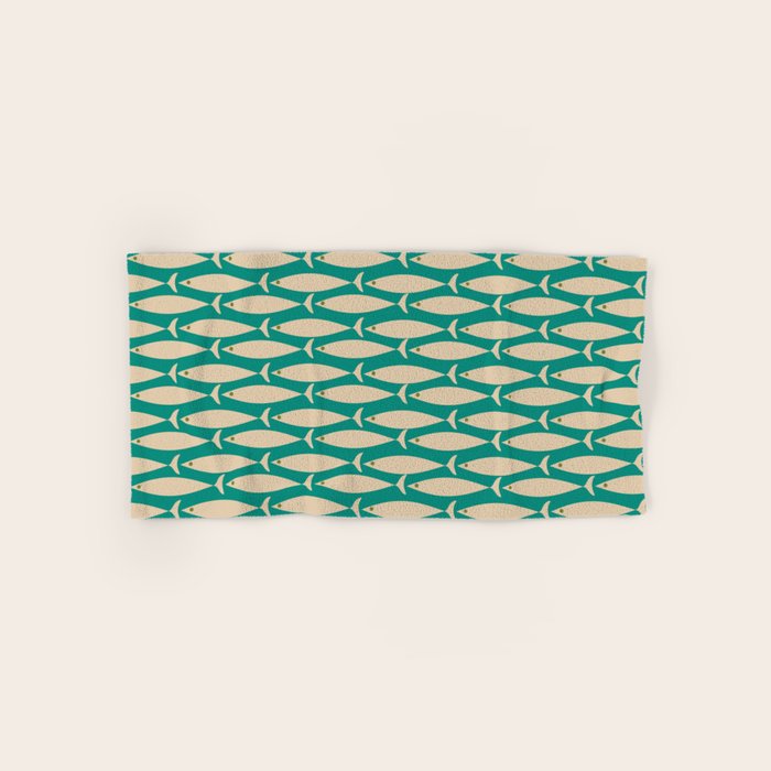Coastal Fish Mid Century Modern Minimalist Pattern Teal Beige Olive Bath Towel Gallery Image 1
