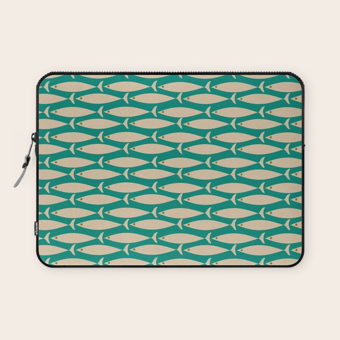 Coastal Fish Mid Century Modern Minimalist Pattern Teal Beige Olive Laptop Sleeve Gallery Image 1