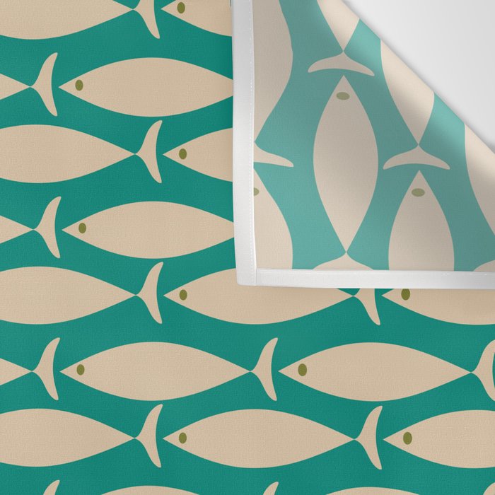 Coastal Fish Mid Century Modern Minimalist Pattern Teal Beige Olive Wall Tapestry Gallery Image 3