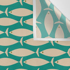 Coastal Fish Mid Century Modern Minimalist Pattern Teal Beige Olive Wall Tapestry Gallery Image 3