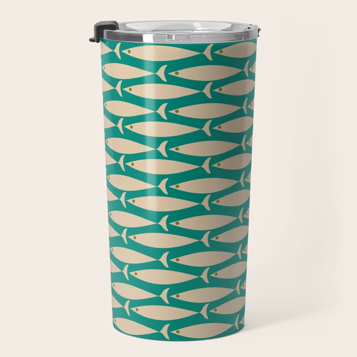 Coastal Fish Mid Century Modern Minimalist Pattern Teal Beige Olive Travel Mug Gallery Image 3