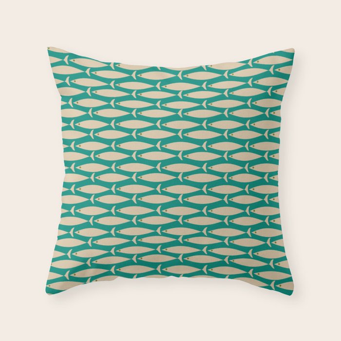 Coastal Fish Mid Century Modern Minimalist Pattern Teal Beige Olive Throw Pillow Gallery Image 6
