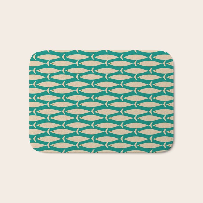 Coastal Fish Mid Century Modern Minimalist Pattern Teal Beige Olive Bath Mat Gallery Image 1