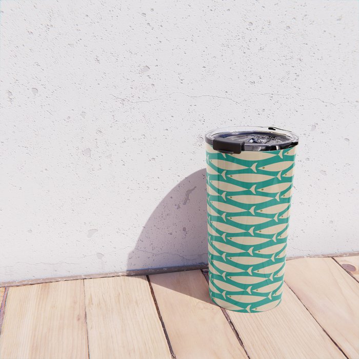 Coastal Fish Mid Century Modern Minimalist Pattern Teal Beige Olive Travel Mug Gallery Image 4