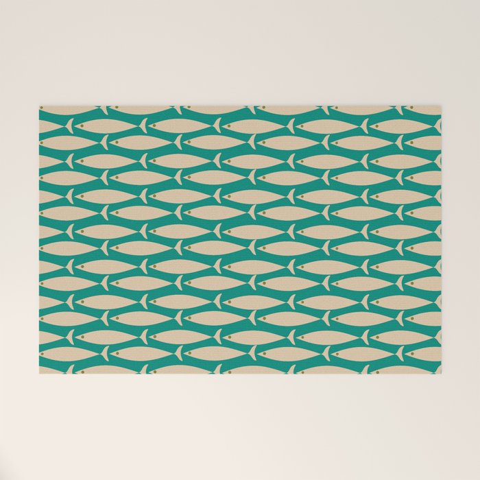 Coastal Fish Mid Century Modern Minimalist Pattern Teal Beige Olive Welcome Mat Gallery Image 1
