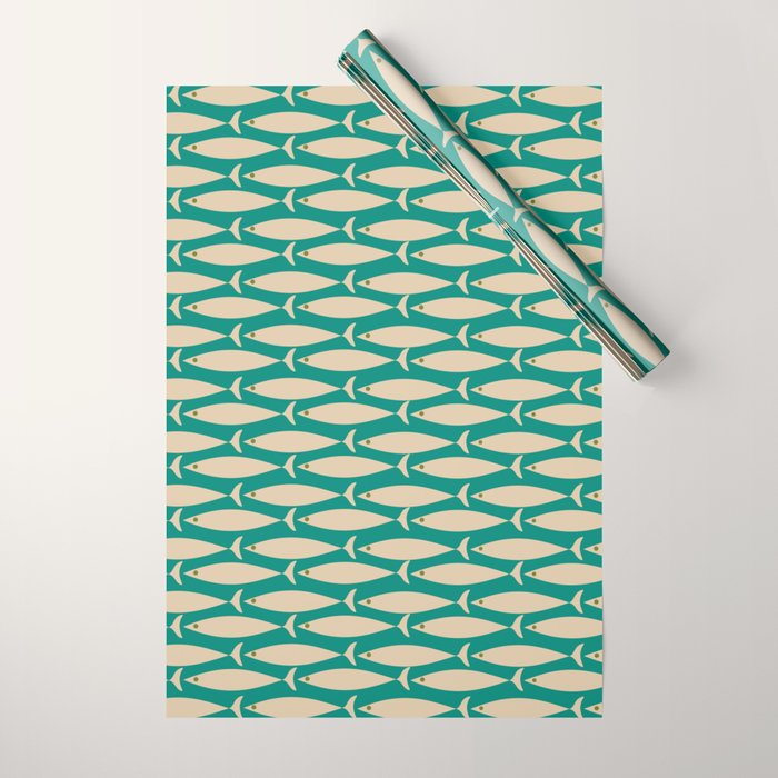 Coastal Fish Mid Century Modern Minimalist Pattern Teal Beige Olive Wrapping Paper Gallery Image 1