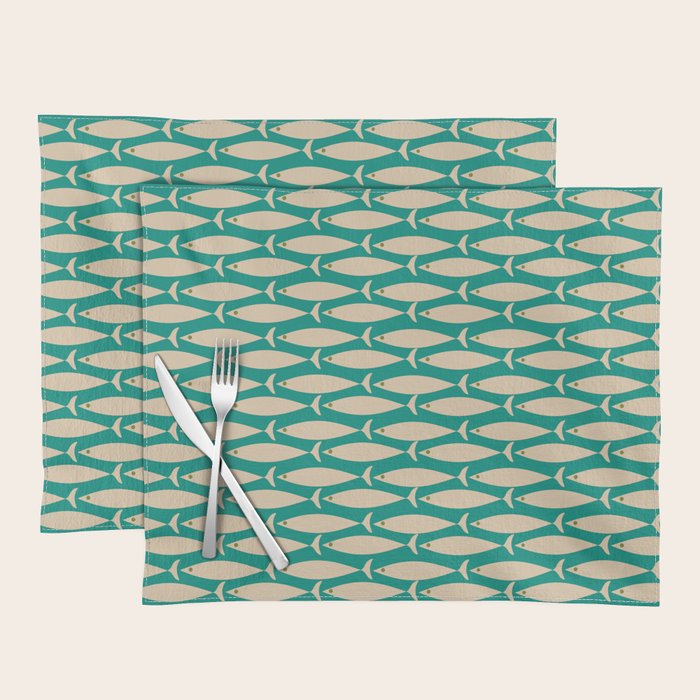 Coastal Fish Mid Century Modern Minimalist Pattern Teal Beige Olive Placemat Gallery Image 1