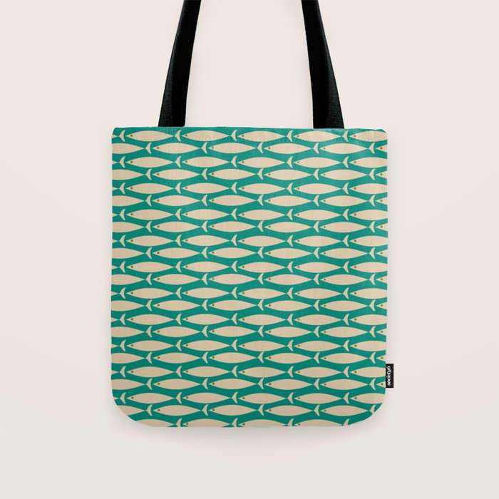 Coastal Fish Mid Century Modern Minimalist Pattern Teal Beige Olive Tote Bag Gallery Image 1
